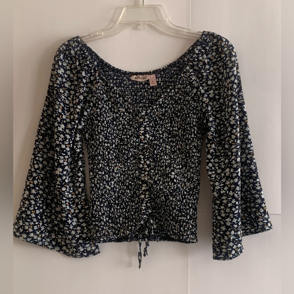 Willow Root • Navy and White Crop Top with Ruched Tie Front and Bell Sleeves